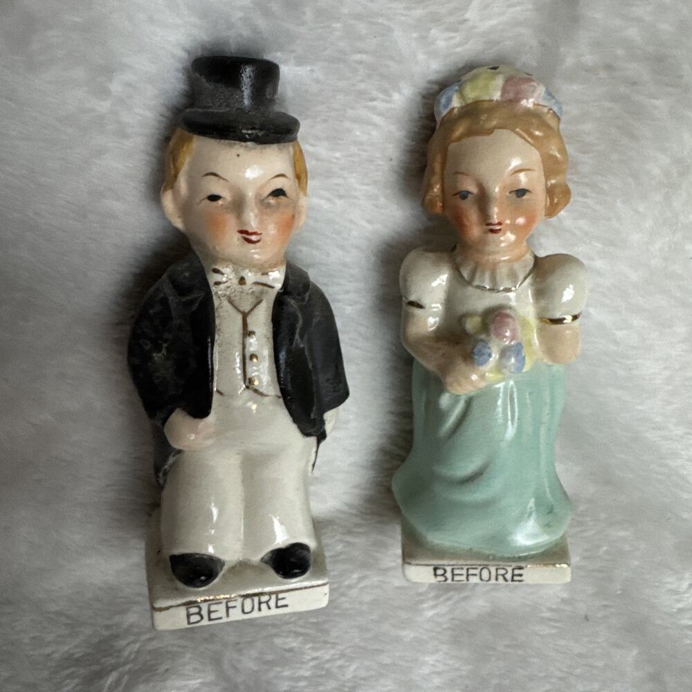 Vintage Before & After Bride & Groom Salt & Pepper Shakers Victoria Ceramic 4.5”
